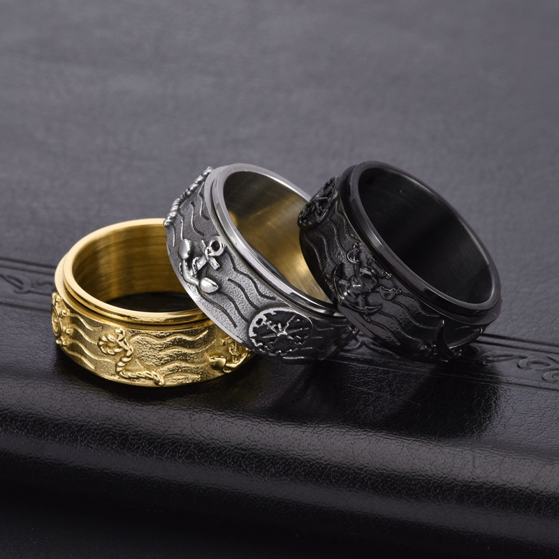 1pc mens titanium stainless steel ring vintage nautical   compass punk style rotatable band durable lightweight design for casual attire Product details 0