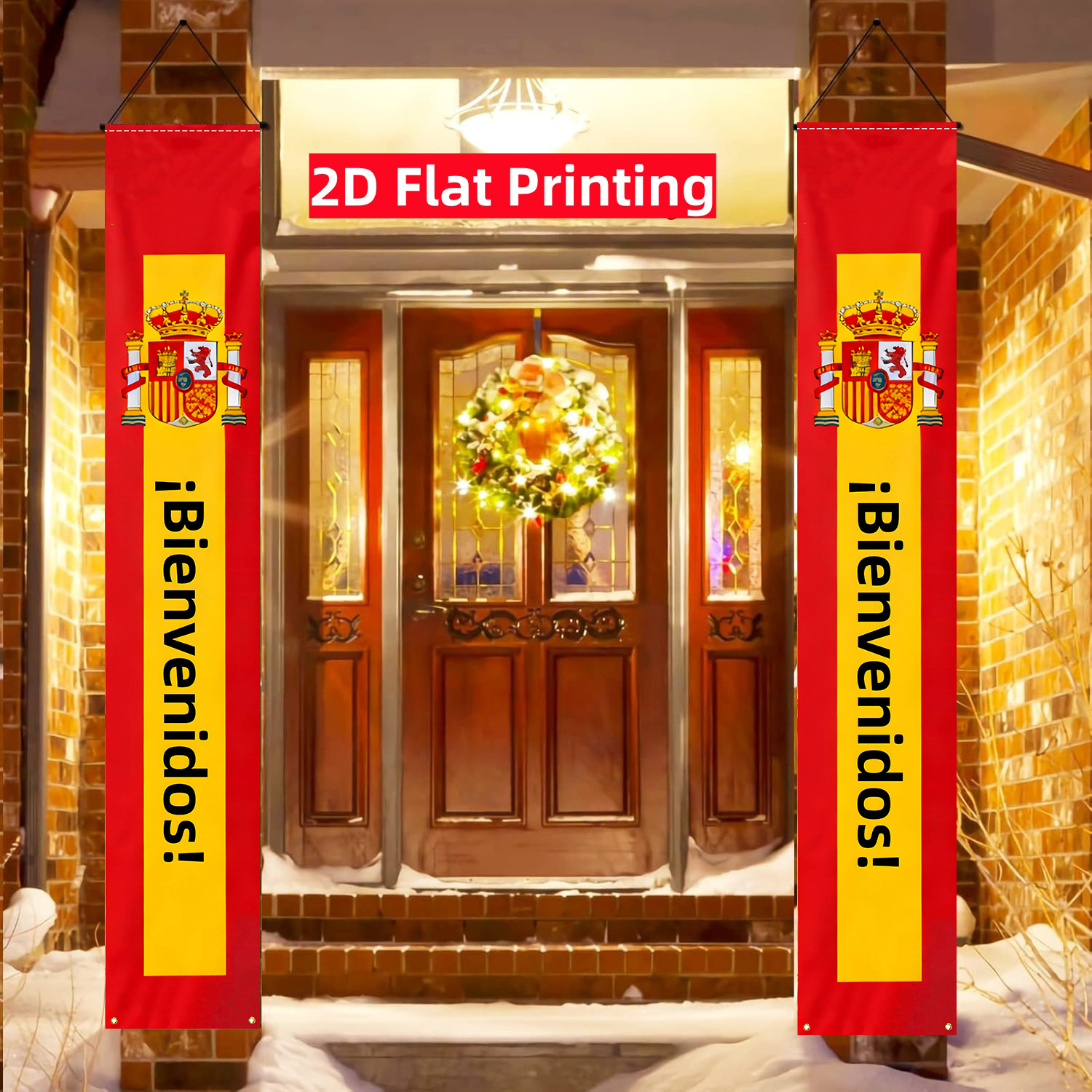 TEMU Plat 2D, 2pcs Bannières de Porte 2D, Drapeaux de Espagnols "Bienvenidos" - Rouge et Doré, avec Espagnol, Tissu Durable, Convient pour Noël, An,
