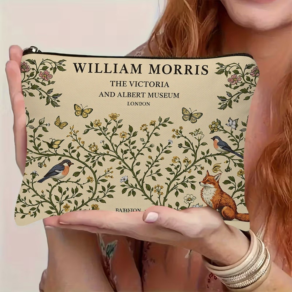TEMU 1pc 2d Flat Printed William Style Nature Botanical Pattern Cosmetic Bag With Intricate Floral, , Bird And Fox , Zipper Closure, Lightweight And