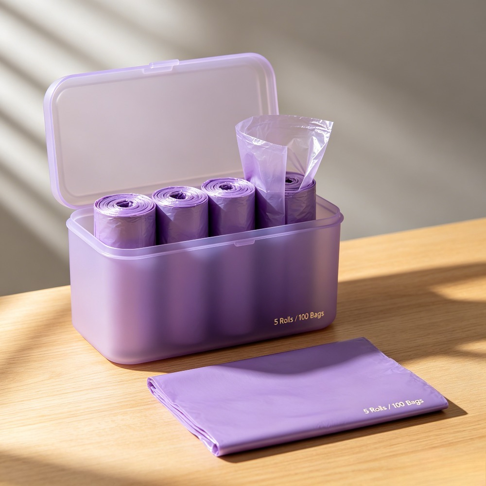 TEMU 5 Rollos 100pcs Bolsas de Basura Moradas Paquete Económico Material PE Duradero A Prueba de Fugas Inodoro Sin Perfume Cocina Dormitorio Baño
