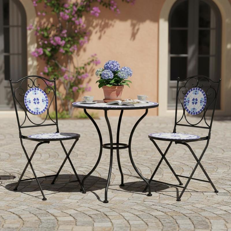 Image of Bistro Chairs, Folding, 2pcs Set, Ceramic, Blue And White, Suitable For Outdoor Use Such As Patios, Homes And Lounge Areas
