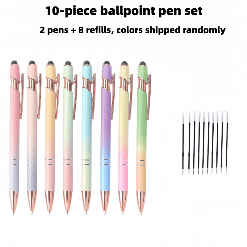 TEMU 10pcs 2-in-1 Retractable Ballpoint Pen Set [2pcs Random Color Pens And 8pcs Refills], With Touch Pen Tip, Metal Touch Pen, 1.0mm Black Ink,