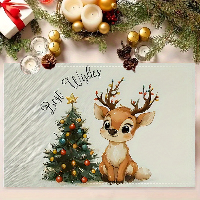 

Christmas Placemats Set Of 1/4/6/8/12 - Polyester Woven Rectangle Table Mats With Deer And , Machine Washable, Non-fading, Waterproof For Decor