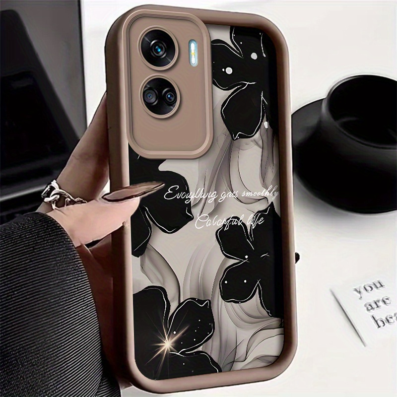 TEMU Black And White Ink Wash Flower Pattern Phone Case | Smoke Flower Phone Case | With Text And Glitter Accents | -drop Durable | Compatible