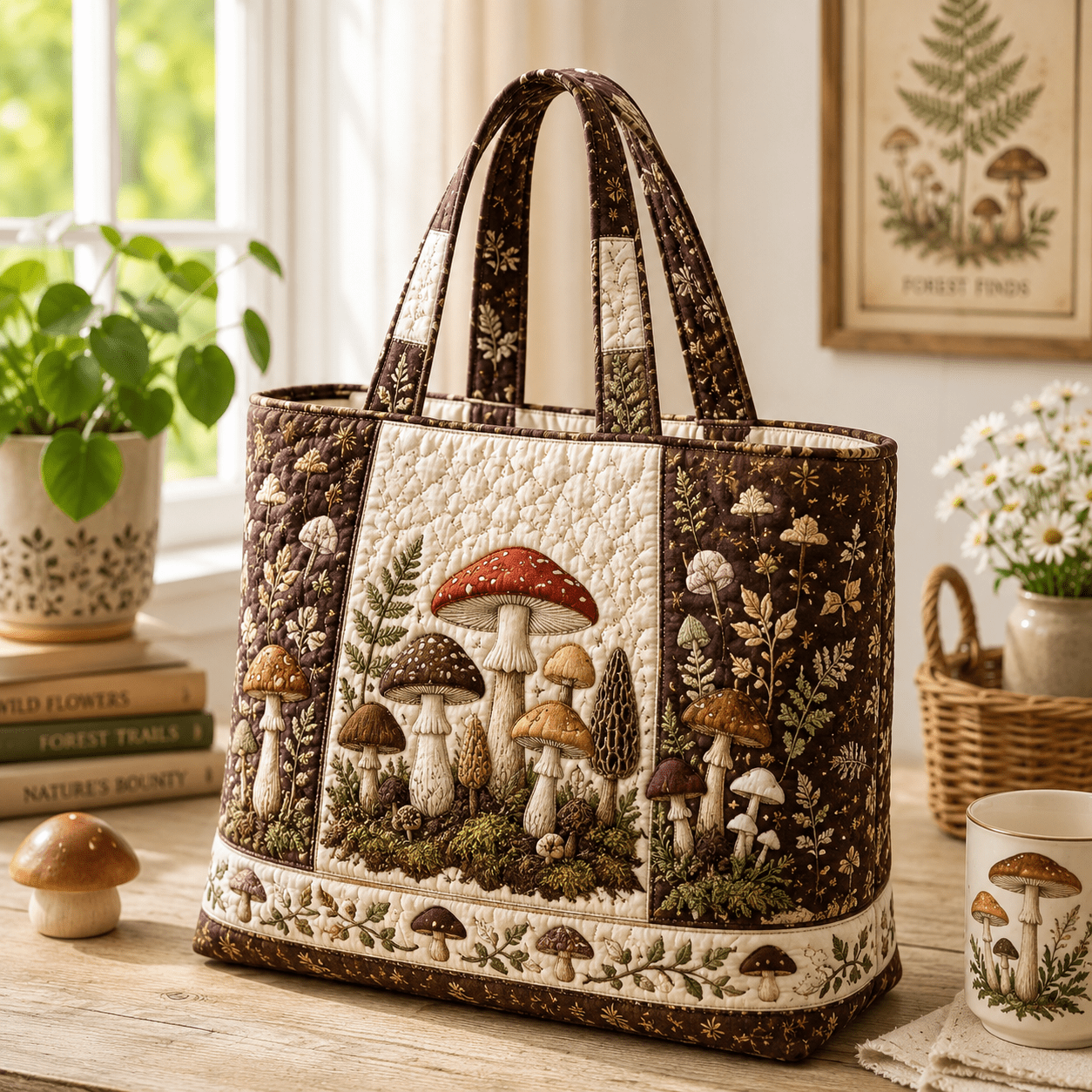 TEMU Quilted Tote Bag For Women, Brown Mushroom Moss Fern Botanical Visual, Soft Handheld Bag, Large Capacity School Work Bag For Daily Use Weekend