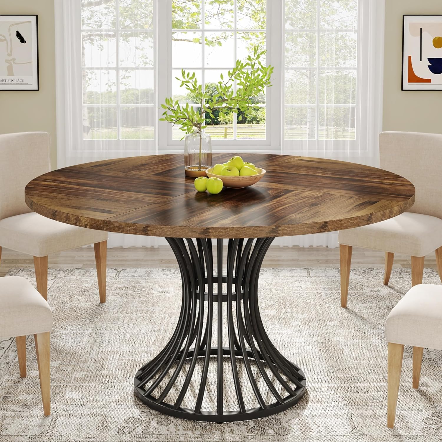 47-inch Round Dining Table For 4-6 People With Mdf Tabletop & Metal Base - Farmhouse Industrial Circle Kitchen Table Suitable For, Cafe, Restaurant - Assembly, Spacious Brown/black Dinner Table