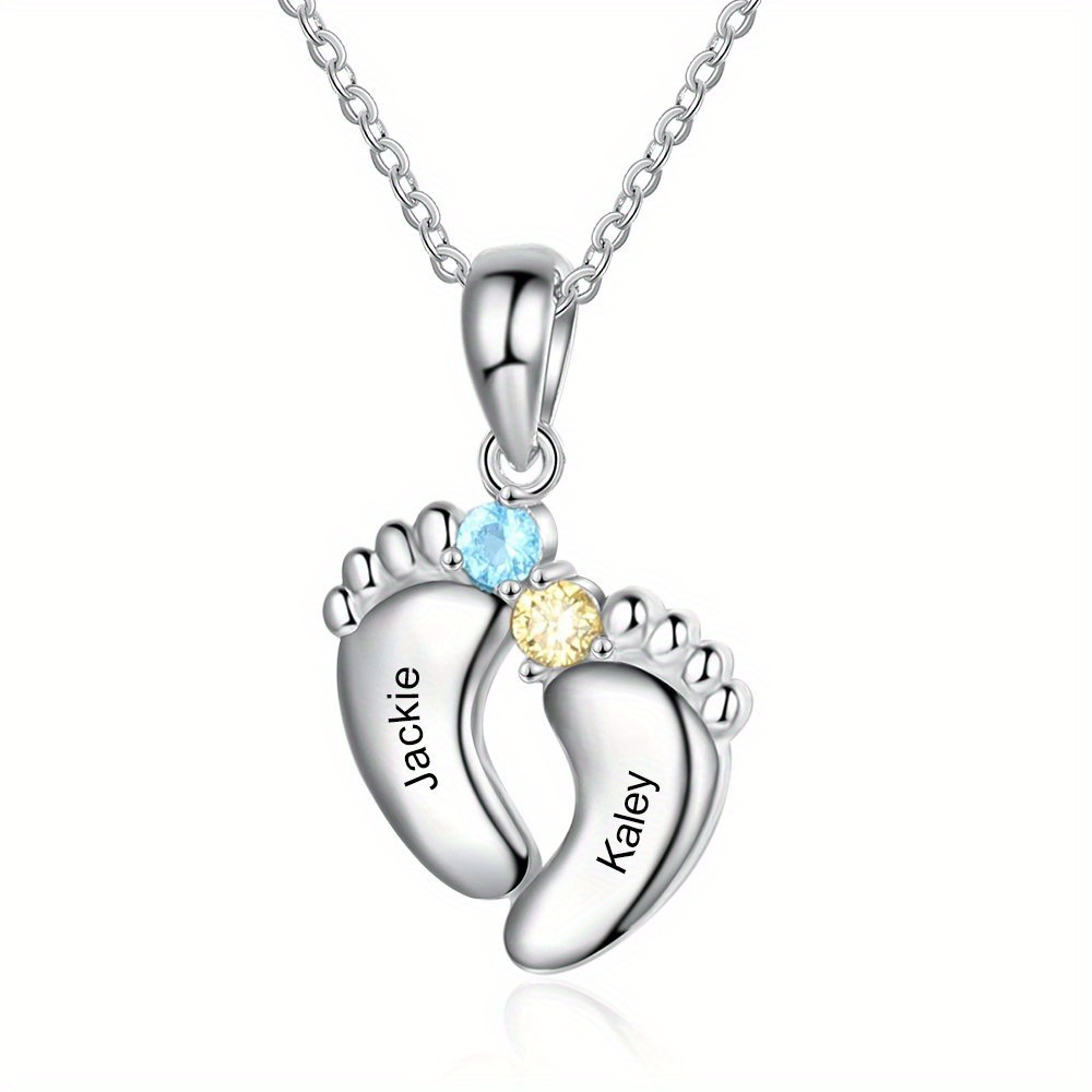 TEMU 1pc Personalized Custom Footprint Silvery Necklace, 6 Names Engraved And 6pcs Colored Synthetic Birthstones Inlaid, Symbolizing Each Birth And