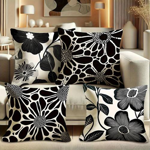 single sided 4pcs black and white floral geometric themed square throw pillow features a black and scheme embellished with floral and geometric elements