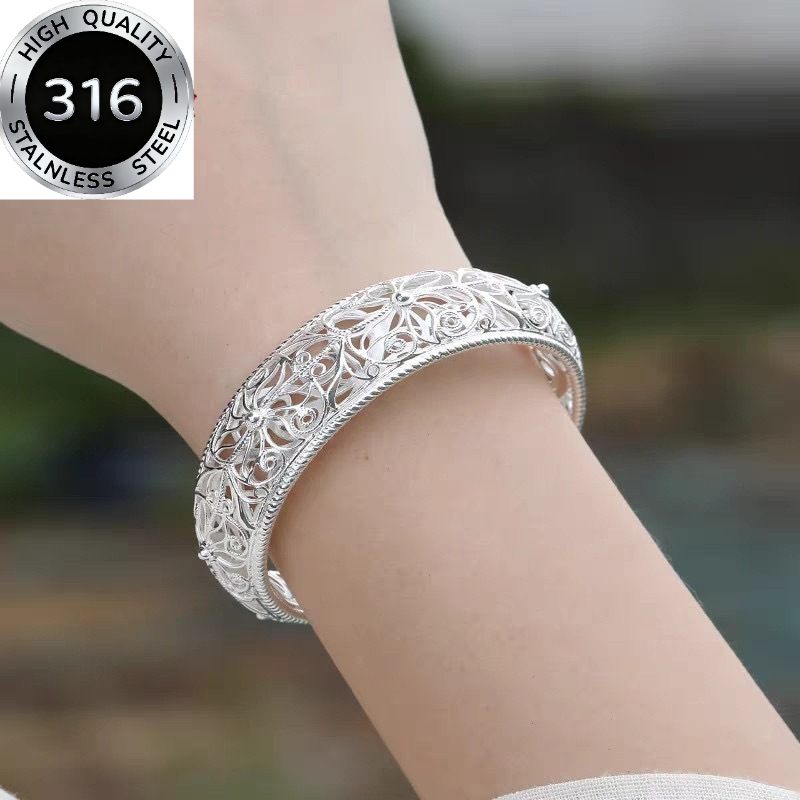 TEMU 1pc Exquisite Light Luxury Elegant Silvery Stainless Steel Hollow Open Bangle Women's Versatile High-value Wide Design Hand Jewelry Additions,