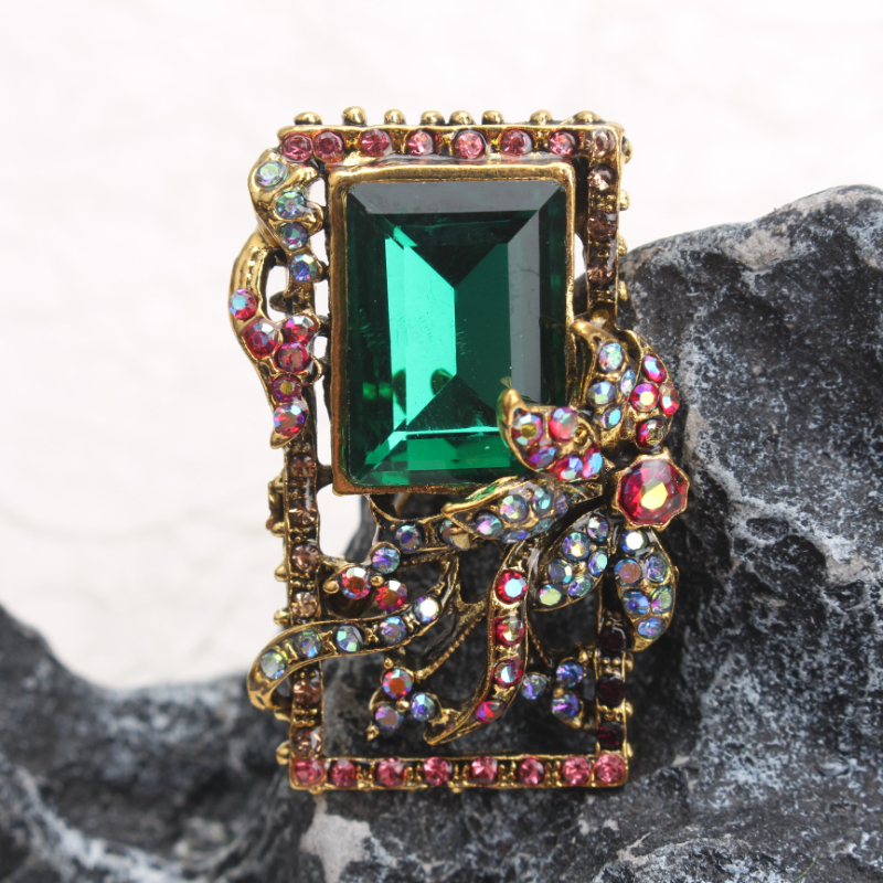 Statement Brooch with Green Multicolored AB Rhinestones