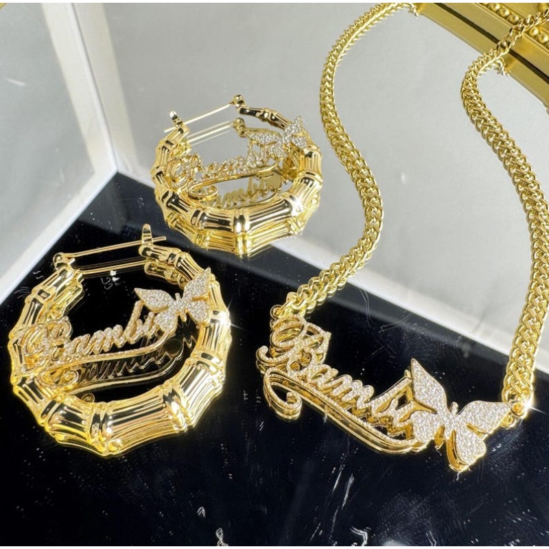 TEMU Personalized Custom Bamboo Hoop Earrings & Necklace - Add Your Own Names, Bling Bamboo Charms, Initials & Numbers - Matching Name Plate Jewelry