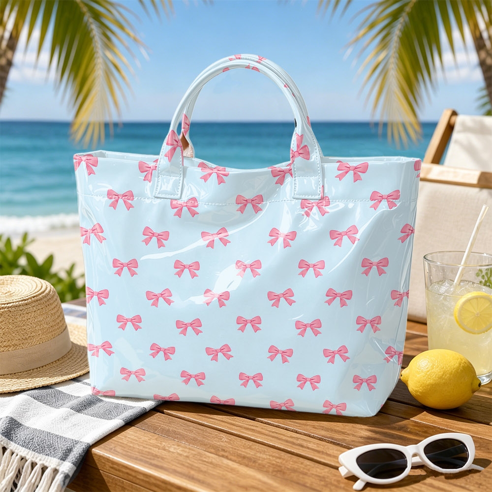 1pc Light Print Tote Bag Suitable For Women &, Large Capacity Pvc Handbag With Tape Closure, Lightweight Portable Bow Bow Print Bag For, , Travel, Shopping, Daily Use - Girly Bow Storage Pouch
