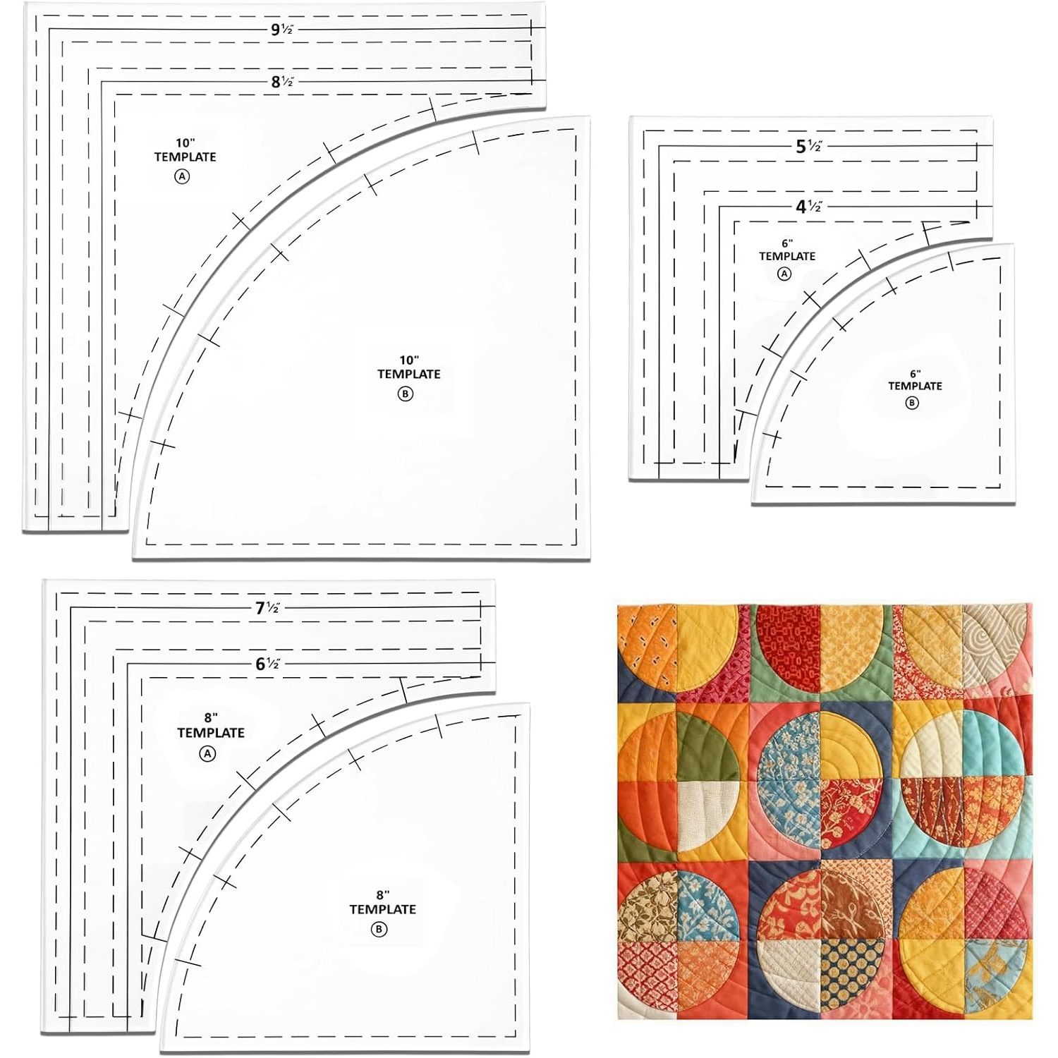 TEMU 3 Sets Of Acrylic Quilting Templates, 10 X 8 X 6 Inch Large Transparent Quilting Rulers, 1/4 Inch Seam , Clear Quilting Templates, For Hand