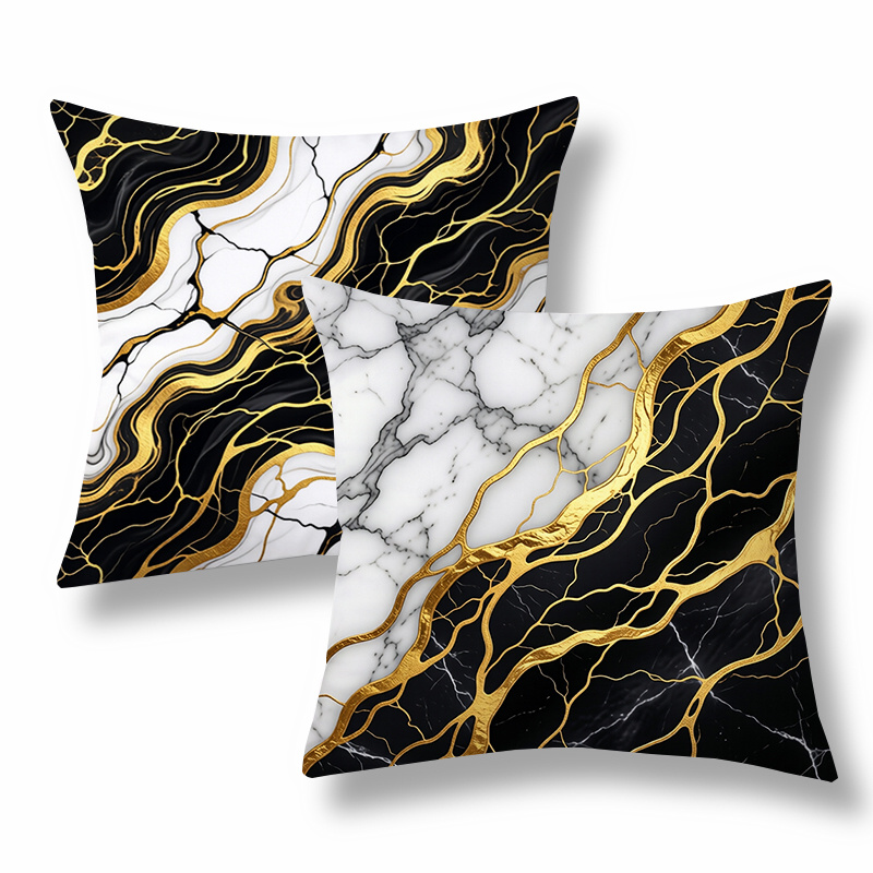 TEMU 2pcs Modern Throw Pillow Covers, Decorative Cushion Cases, Marble With Golden Accents, Black - White - . Versatile For Living Room, Couch, Sofa,