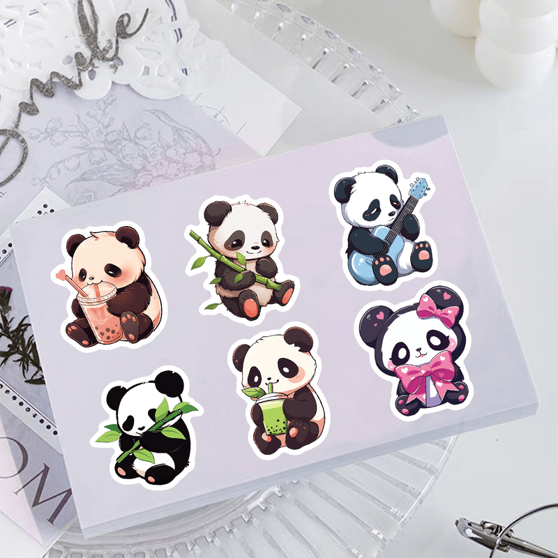 Image of 50 Cartoon Panda Doodle Decorative Stickers For Stationery Boxes, Notebooks, Planners, Phone Cases, Luggage, Guitar Stickers, And Sports Water Bottle Decorations