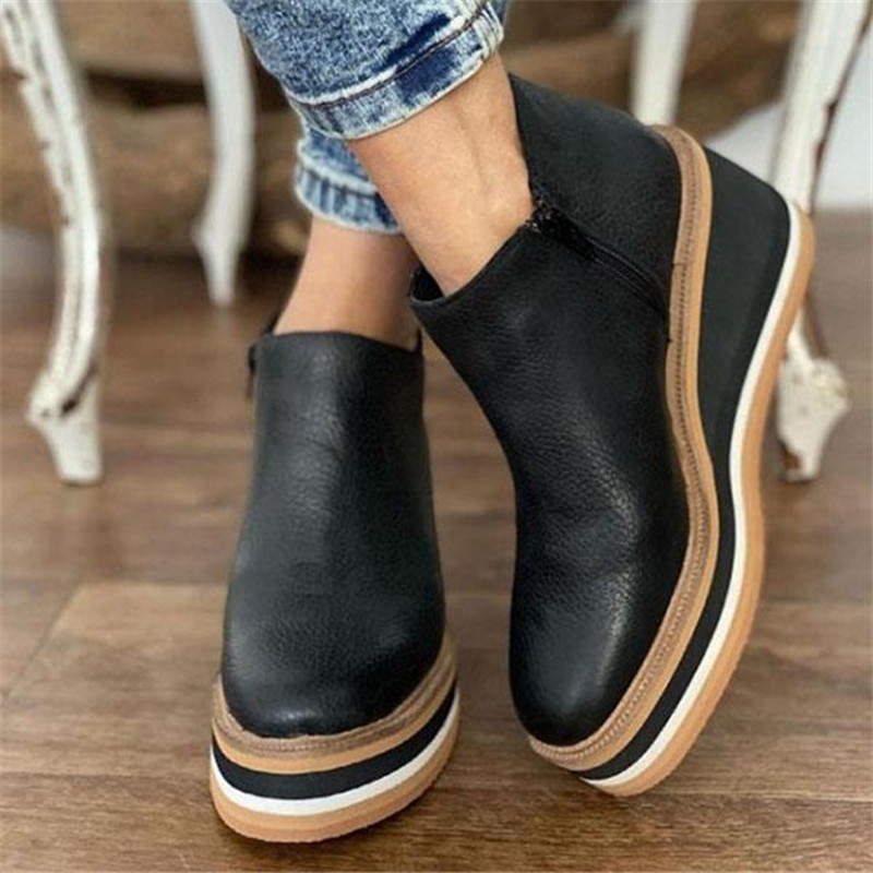 Image of Wedge Platform Ankle Boots Round Toe Side Zipper Striped Sole For Women Autumn Winter Wear Lightweight Comfortable Fashion Short Boots, Women Shoes