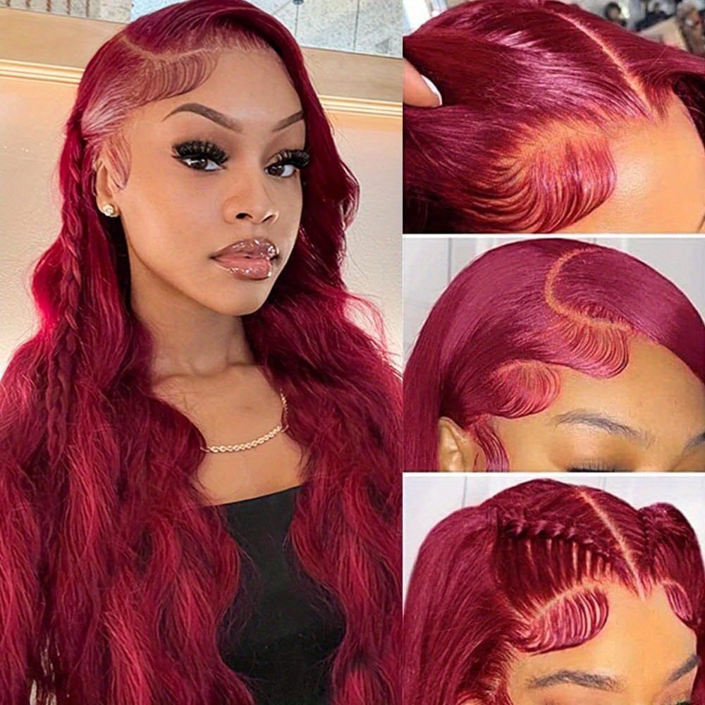 99J Burgundy Red 26&quot; Body Wave Real Hair Lace Front Wig - 200% Density 13x4 Pre-Plucked with Baby Hair, Natural Look for Women, Cosplay &amp; Casual Attire, Fashion Accessory, Voluminous Waves