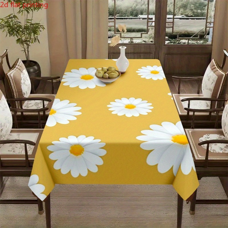 TEMU 2d Flat Tablecloth, 1pc, Featuring A Yellow Background With White Daisy Pattern. Bright And , Suitable For Spring And Summer Dining Occasions.