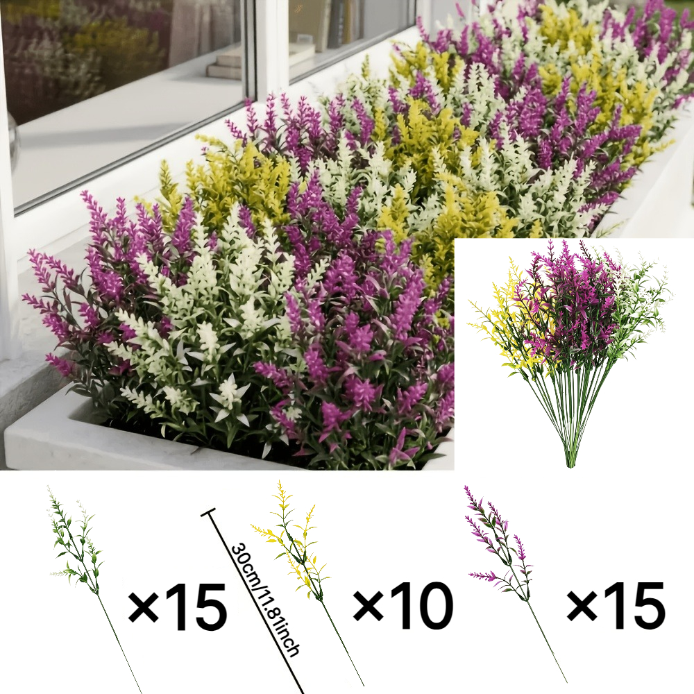 TEMU 40pcs Of Artificial Lavender Wheat Stalks, Mixed With 3 Colors Of Faux Plastic Flowers, Uv-resistant And Fade-resistant, Suitable For Outdoor