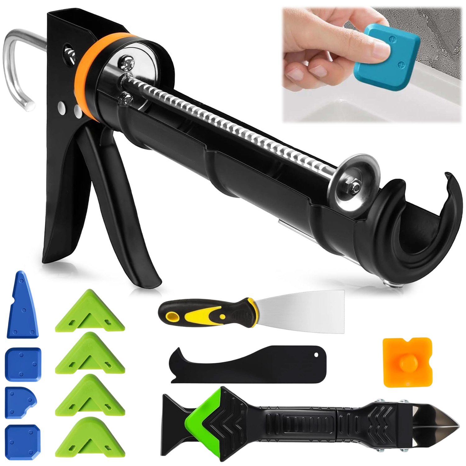 Image of Caulk Gun Kit | Caulking Gun And Caulk Remover Tool, Sealant Finishing Tool Grout Scraper For Kitchen Bathroom Window Sink Joint, Plastic, Anikers Brand