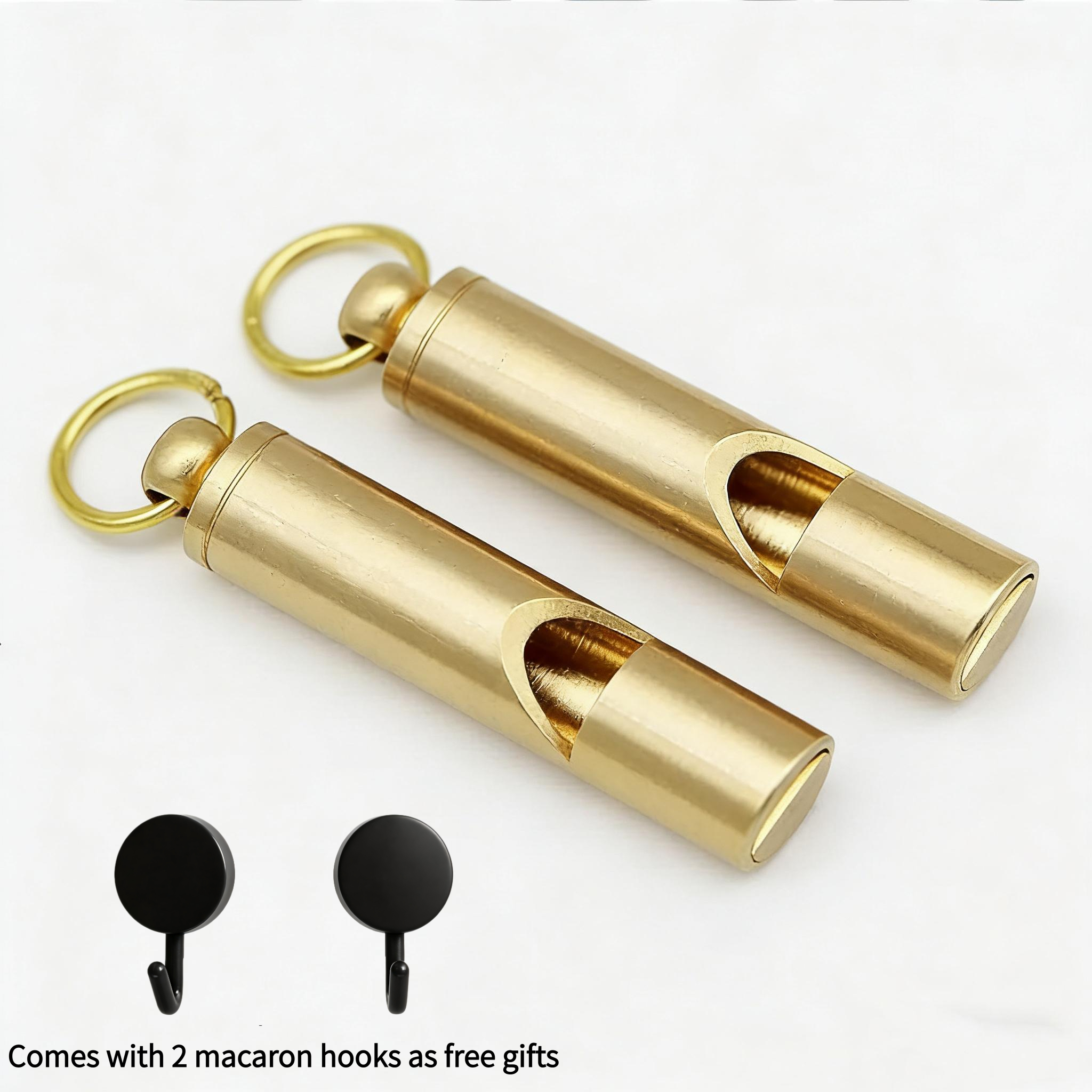 TEMU 4pcs Set: 2 Outdoor Emergency Survival Whistles + 2 Macaron Hooks. Made Of Sturdy And Durable Metallic Golden, With A Portable Hanging Loop For