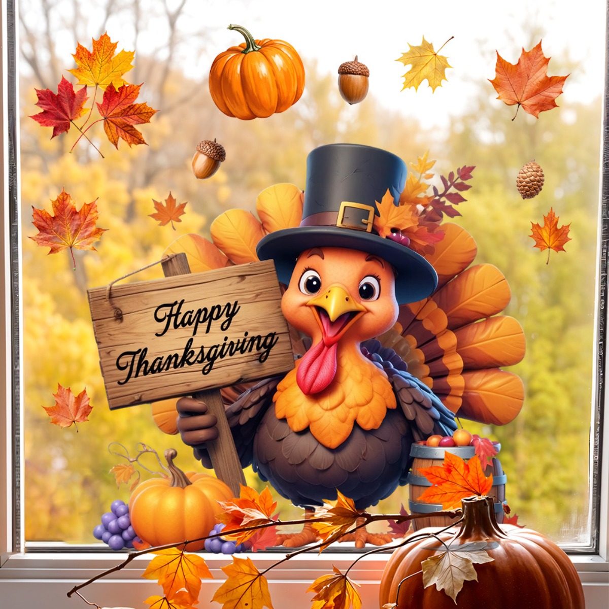 TEMU Thanksgiving Maple Leaf Pumpkin Top Hat Turkey Combination Window Decal, Self-adhesive Window Sticker For Living Room Window Decor, Home Wall