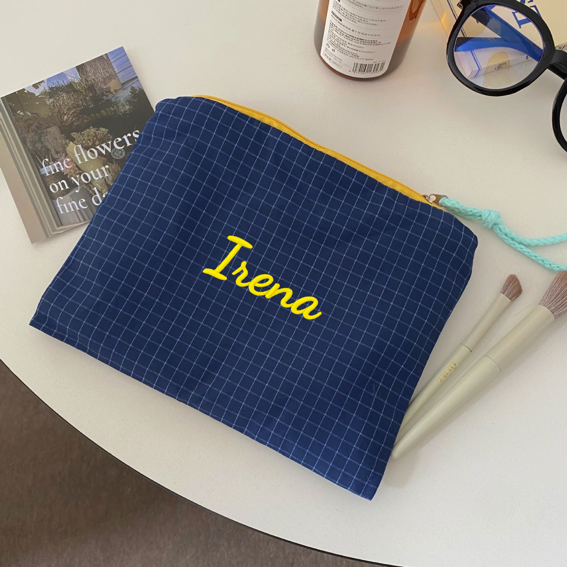 TEMU Personalized Embroidered Gingham Cosmetic Bag, Custom Name Colorblock Makeup Pouch With Zipper, Travel Toiletry Organizer, Wash Bag, Bridesmaid