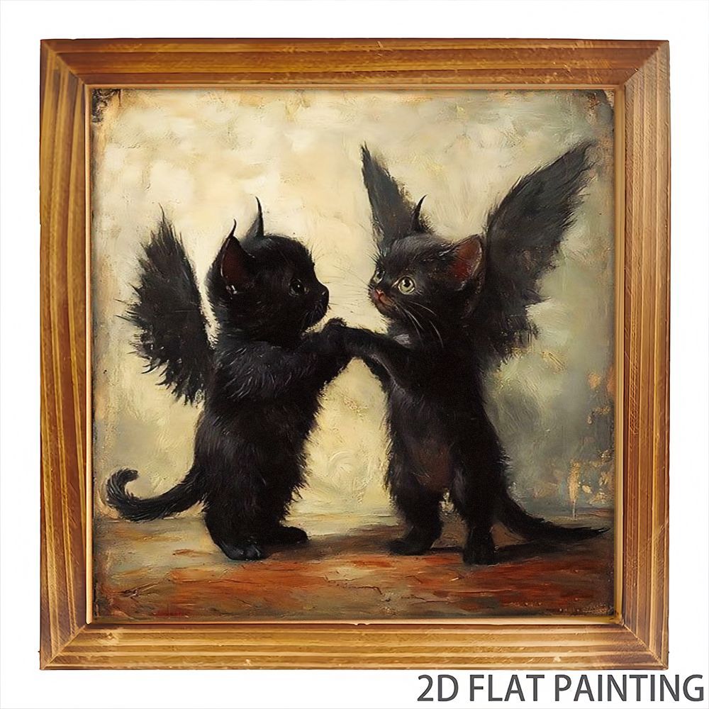 TEMU 1pc Whimsical Oil Painting Of Kittens With Bat Wings Framed Art - Ornate Golden-brown Frame, Soft Beige & Gray Background, Classical Style Decor