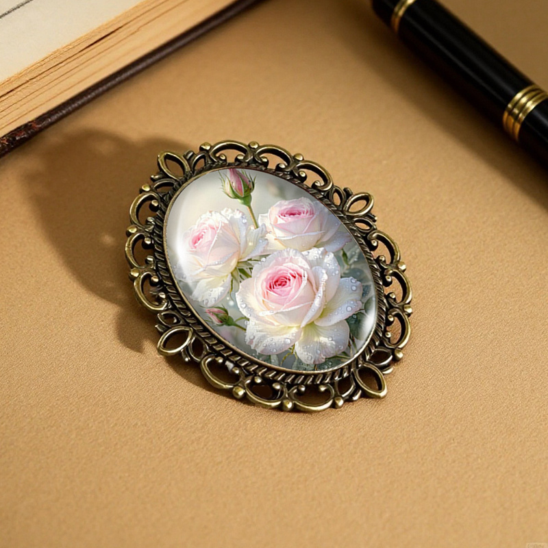 Pink White Rose Blooms Oval Lace-Edged Glass Brooch