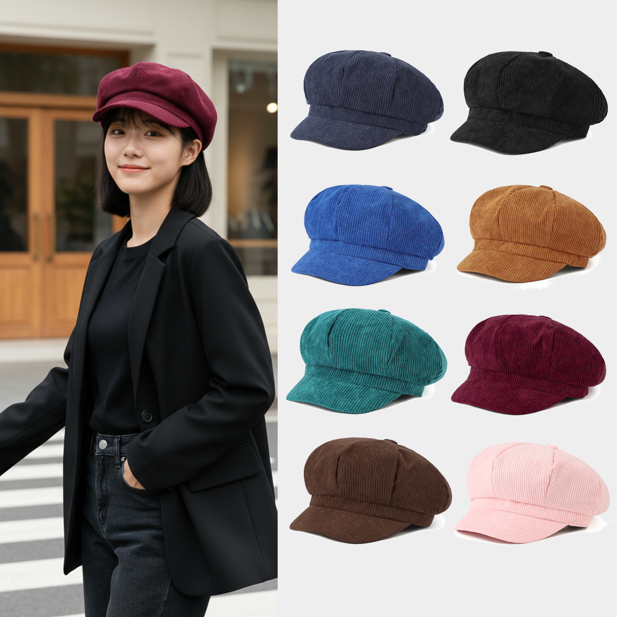 womens beret for casual   fashionable korean style solid color corduroy hat trendy baseball cap for autumn winter versatile hat for   artistic painter hat   retro octagonal hat