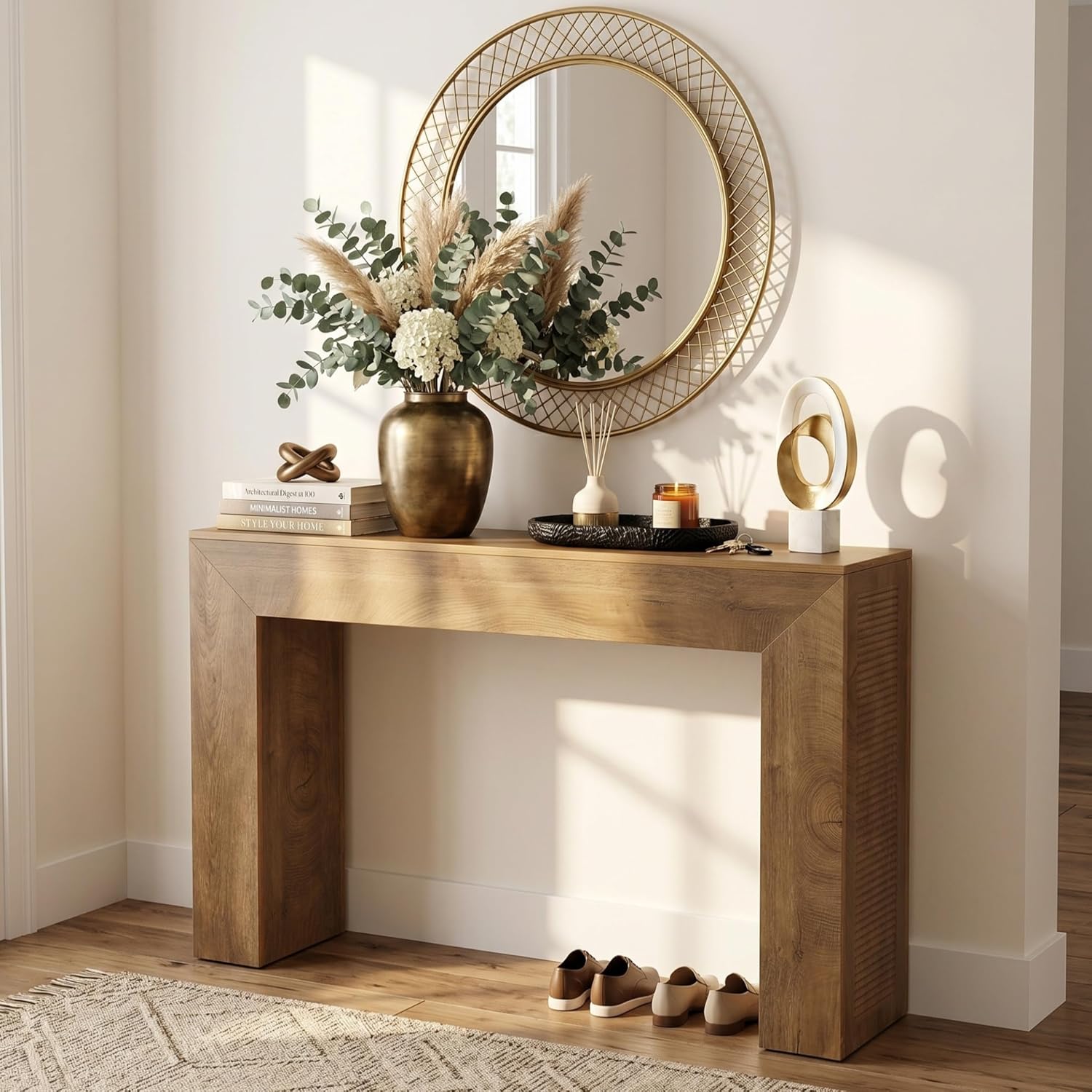 43.3" Entryway Console Table With Fluted Paneling - Suitable For Living Room, Hallway Sofa Table Behind Couch, Tabletop & Retro Design For Foyer, , Brown (behind Couch Accent Desk)