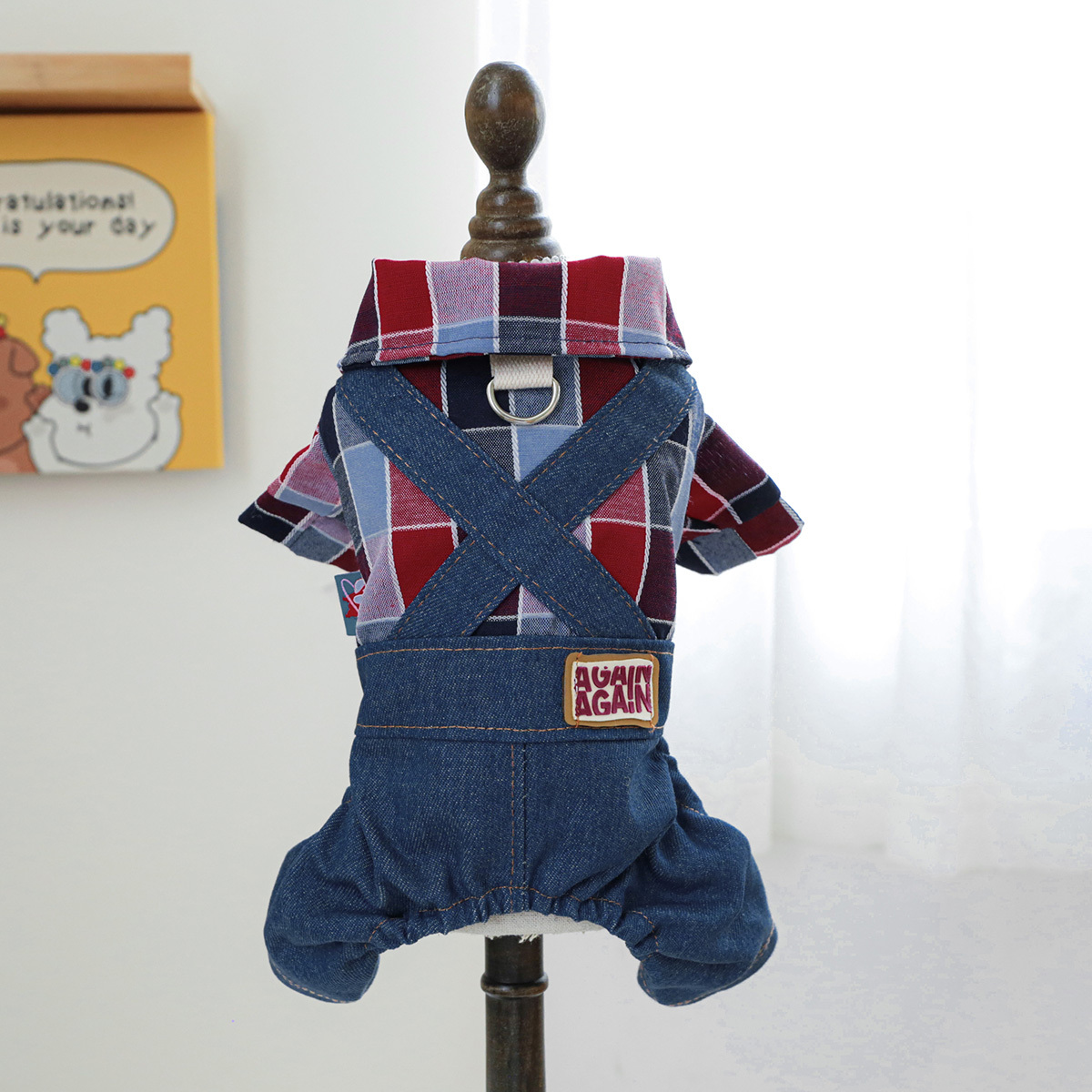 TEMU Vêtement pour animaux de compagnie : chemise rouge à carreaux et bleue brodée, vêtement chaud d'automne pour chien, combinaison ouverte à pattes