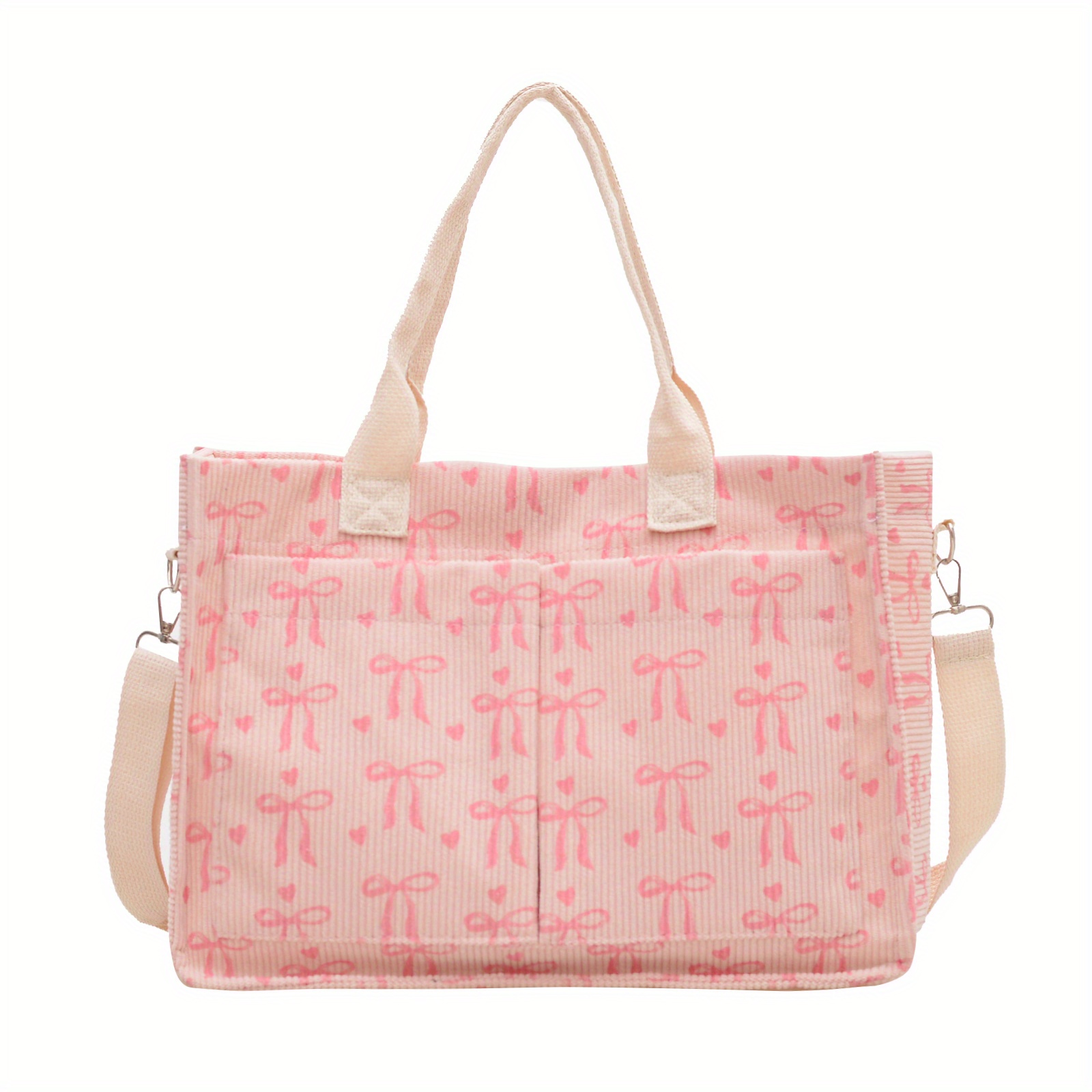 TEMU 1pc Korean-style Sweet Fashion Large Capacity Bowknot Heart Print Velvet Handbag, Multifunctional Commuter Handbag For Wo , College Style With