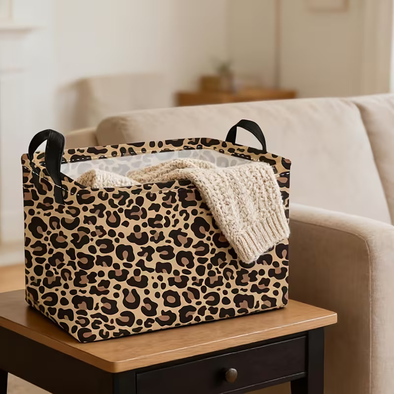 TEMU 1pc Retro Leopard Print Laundry Basket & Storage Box - Decorative Rectangular Hamper With Sturdy Frame Suitable For Clothes, Books,, Bathroom