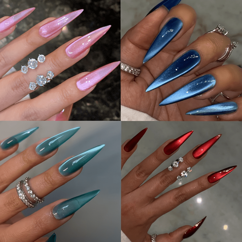 TEMU Set Of 96 Acrylic Press-on Nails In A 4-pack, Featuring Long, , High-heeled Designs With A -green Gradient Cat Eye Effect, Ideal For Everyday