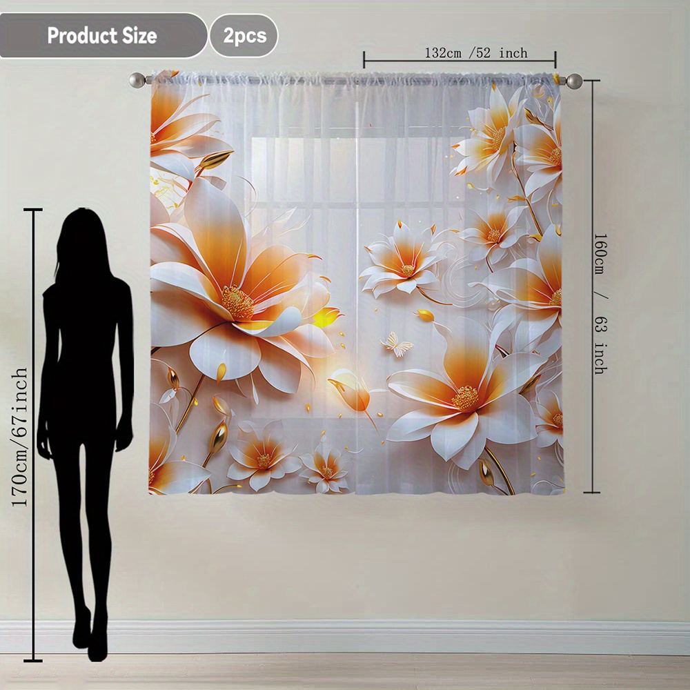 TEMU Launch 2pcs Orange And White Floral And White Printed Home Decor Sheer Curtains, Flowing Window Sheers Suitable For Kitchens, Cafes, Dining