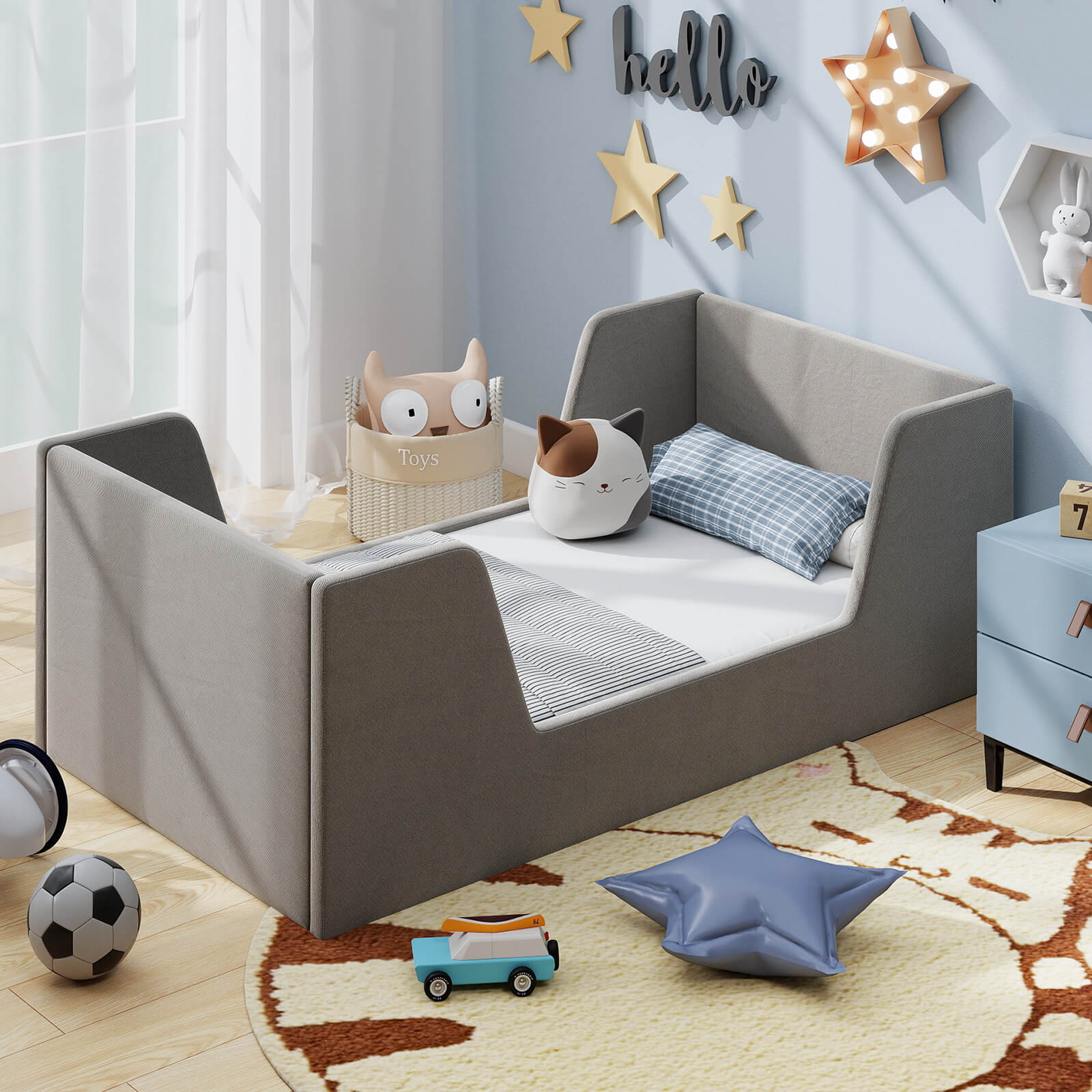 Soft Velvet Fabric Upholstered Children Floor Bed W/ Safety Rails & Headboard, No Mattress, Kids Bed for Girl Boys (Wood, Velvet, Foam, Gray/ Pink)