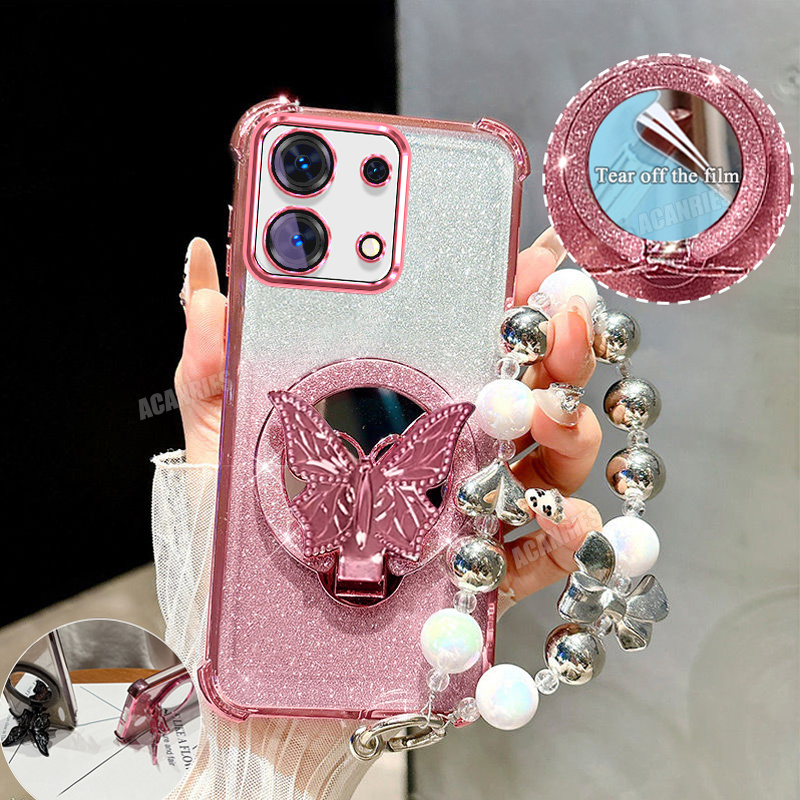 TEMU Phone Case - Acanries Luxury Mirror Glitter Bracket Folding Stand Holder Beads Lanyard Bracelet Wrist Strap Plating Gradient Shockproof Phone