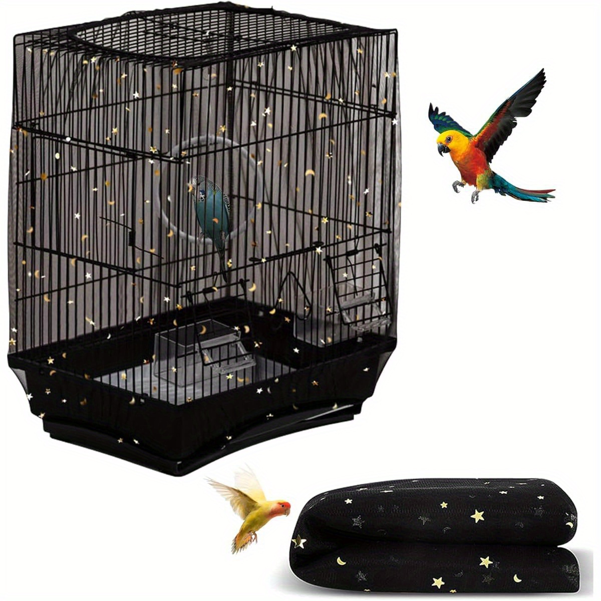 Mabor Bird Cage Seed Catcher Net – Adjustable Black Mesh Skirt With Elastic, Stops Seed Scatter