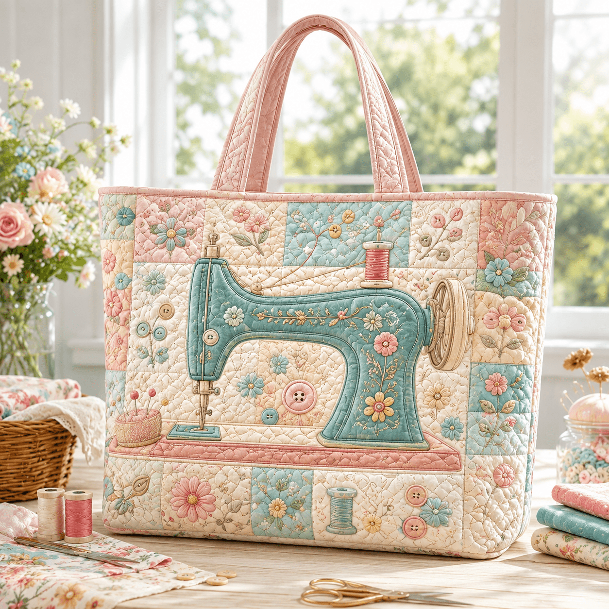 TEMU Women's Vintage Sewing Machine & Floral Quilted Tote Bag - Large Capacity Zipper Handbag Suitable For Travel, , Craft Lovers, Machine Washable