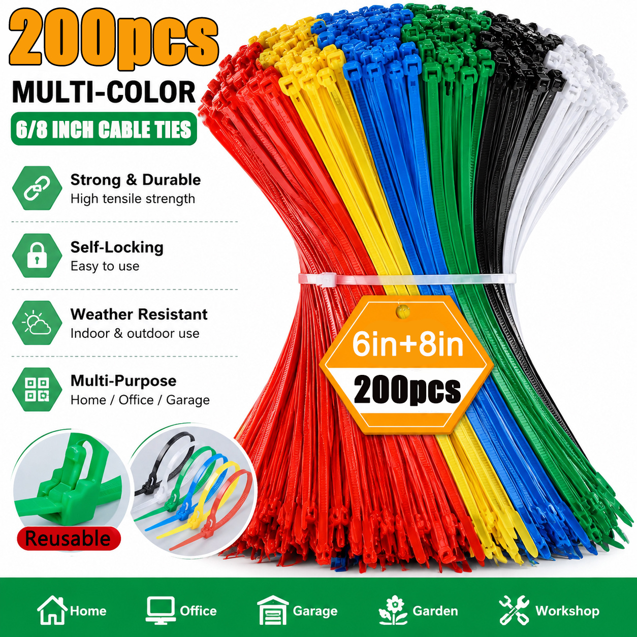 TEMU 200pcs Heavy-duty Reusable Self-locking Nylon Zip Ties, With Sizes 150mm/200mm For Secure Fixation, Suitable For Homes And Offices - Providing