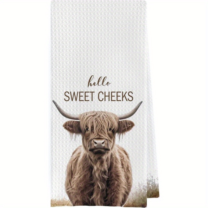 

1pc Highland Cow "hello Sweet Cheeks" Hand Towel, 18x26 Inches, Super Polyester, Decorative Bathroom Towel, Fantasy Themed, Machine Washable, Oblong Shape