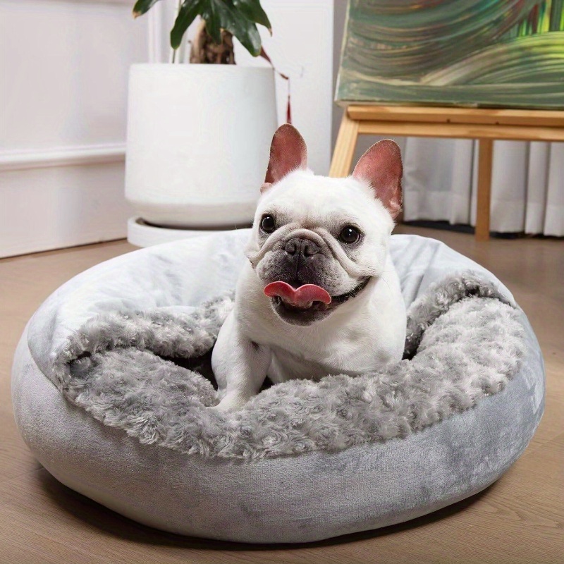 small dog bed with removable washable cover - plush donut pet bed, non-slip bottom, soft cushioned interior, easy-clean crate for puppies, french  , chihuahuas - indoor/outdoor use, space-saving design - ideal for apartments, homes with multiple pets - gray, puppy bed,   furniture, durable pet furniture,  , indoor outdoor bed, stylish pet furniture,   pet furniture Product details 0