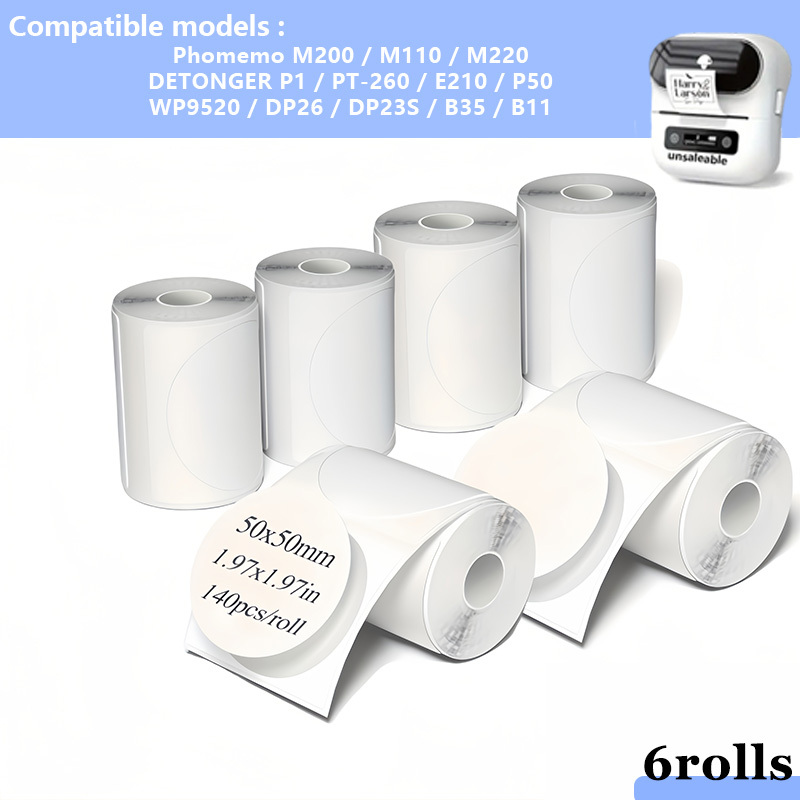 TEMU Lot de 6, Rond 50 X 50 Mm / 1.97 X 1.97 Pouces - Chaque Rouleau Contient 100 Feuilles, Adapté aux Imprimantes Portables