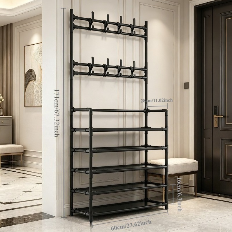 TEMU Entryway Storage Rack, Metal Shoe Rack With 8 Coat And Hat Hooks, Partition Storage, Length 170, Width 60, Height 28, Weight 1100, Easy Tree