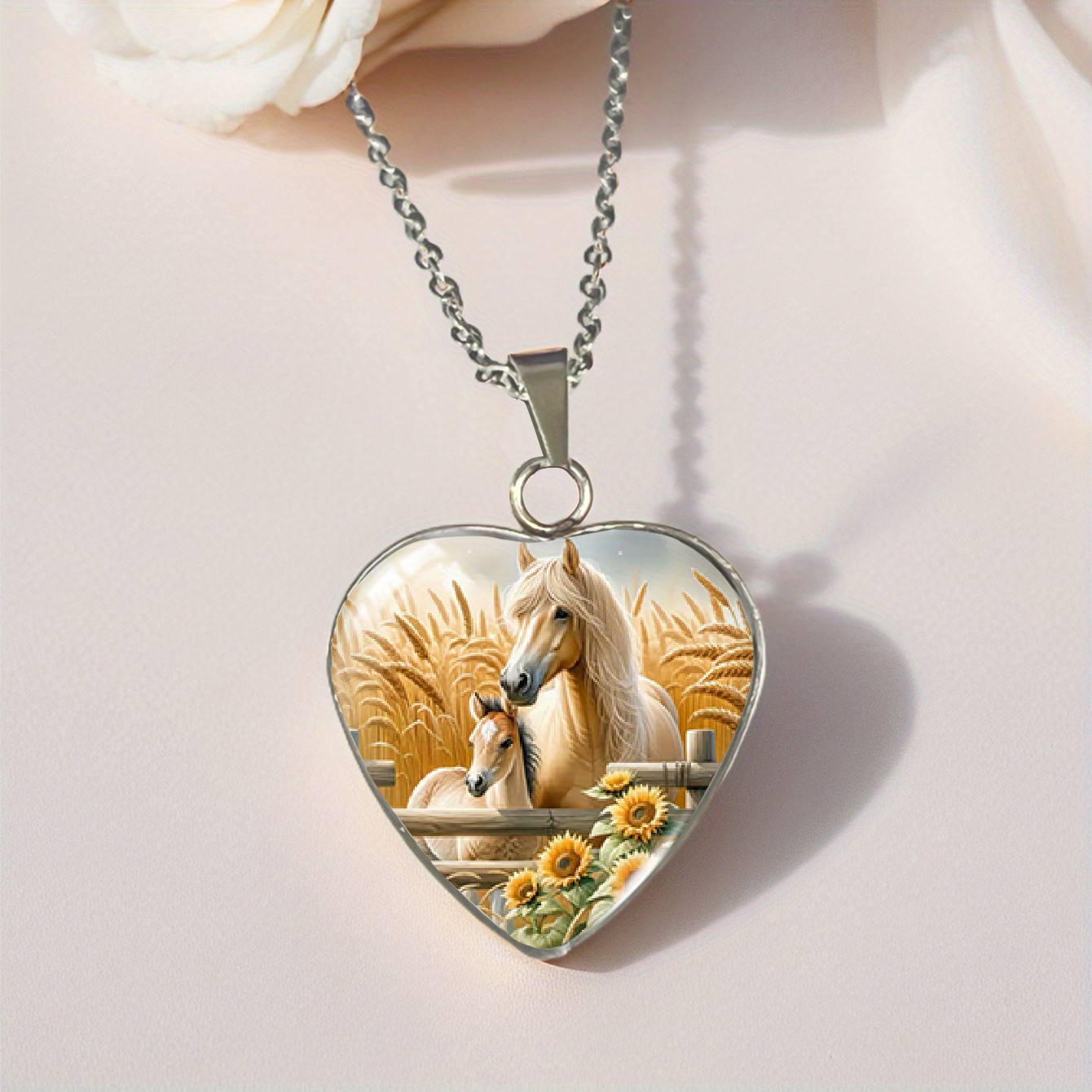 Heart-shaped Stainless Steel Pendant Necklace With Horse In Wheat Field - Fashionable Popular Jewelry Gift