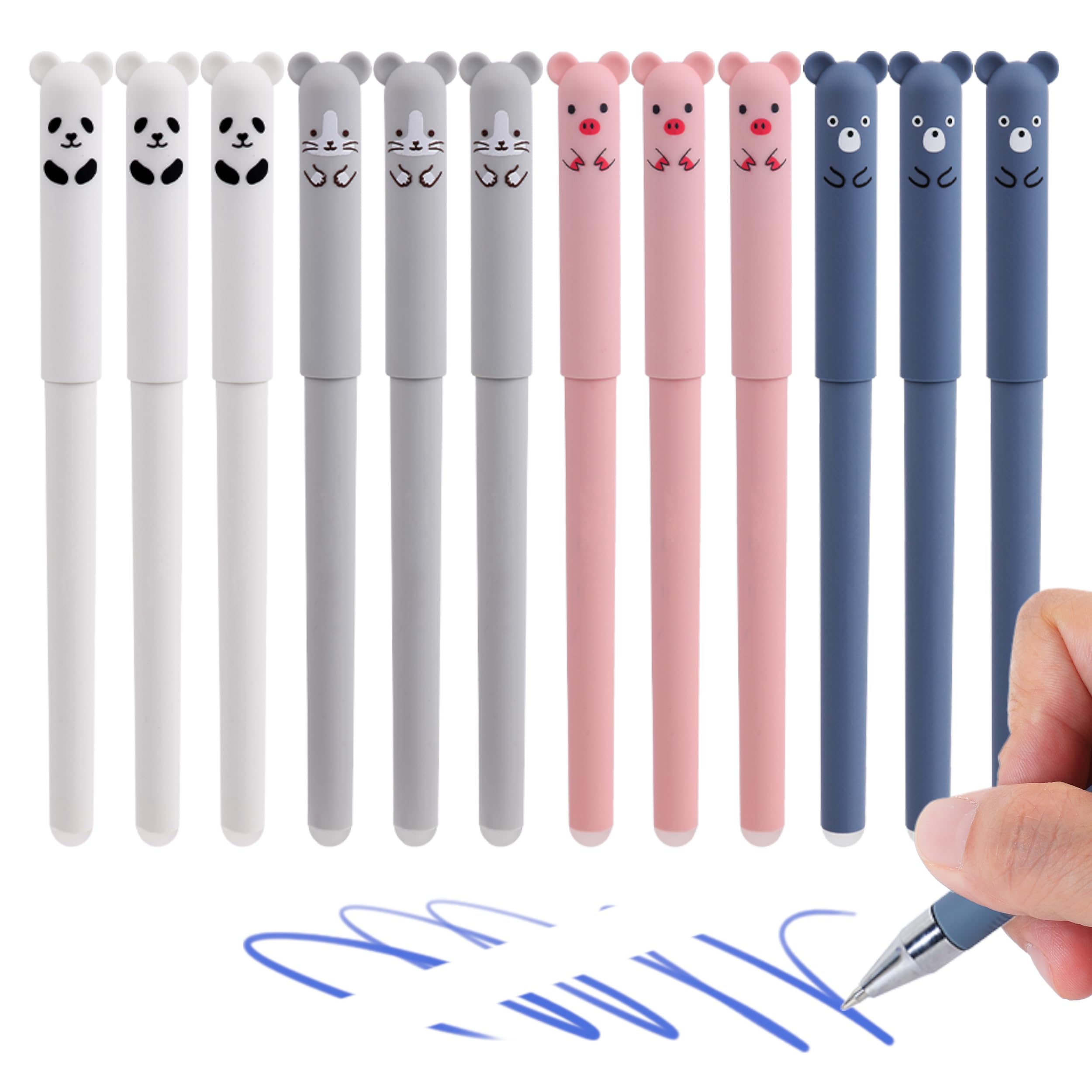 Image of 12pcs/set Animal Pig Panda Erasable Gel Pens-black/blue Ink Erasable Neutral Pen With Eraser, Ideal For Office Writing Stationery Supplies, Smooth Writing, Quick-drying, Design