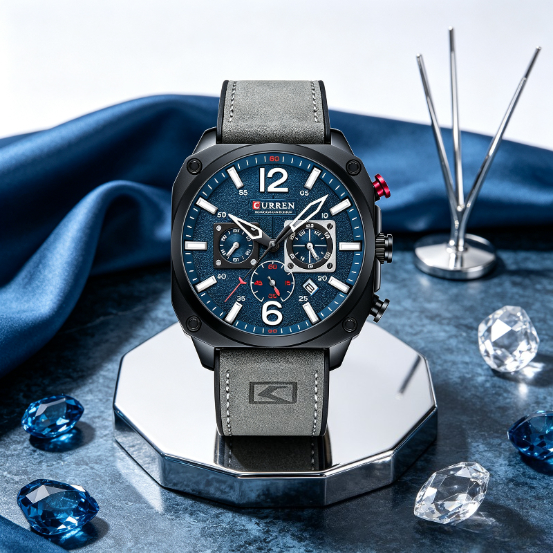 TEMU Montre Carrée Homme CURREN, Chronographe Multifonctionnel, Affichage de la Date, Aiguilles Lumineuses, Bracelet de Haute Qualité, Style Sportif