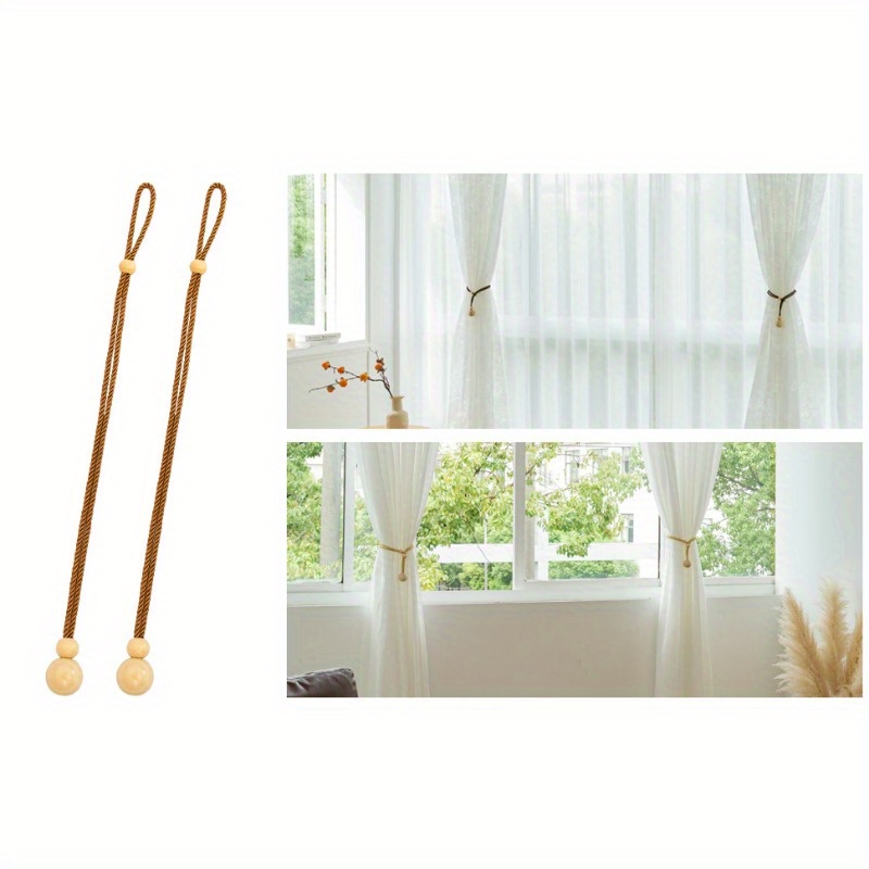 (Pack of 2)Elegant Beige Wooden Balls Curtain Tiebacks Rope Drape Tie Back Holder 4pcs, Natural Curtain Ties Window Treatment Holdbacks