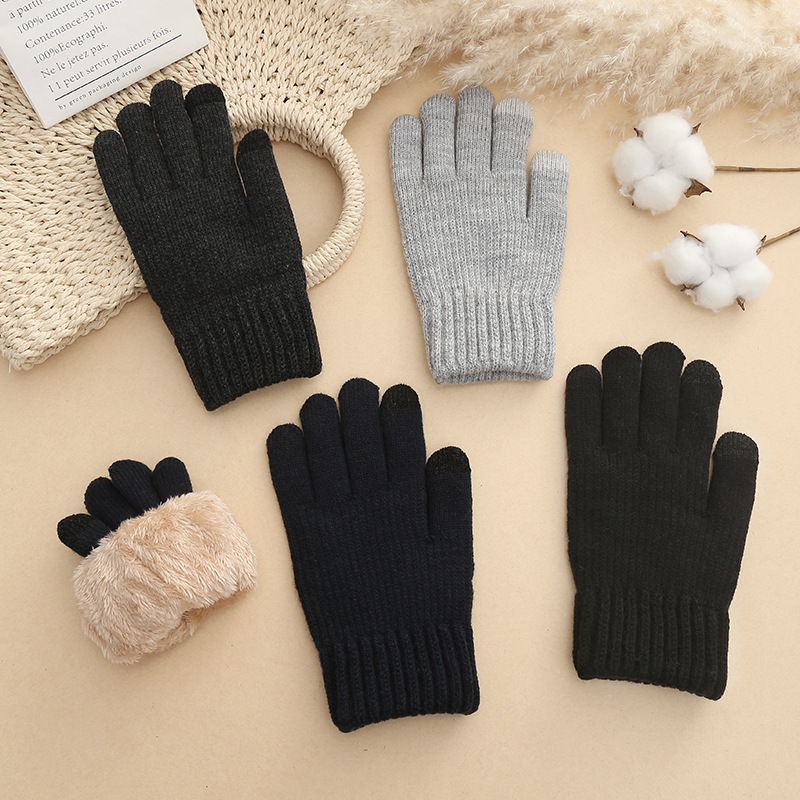 

Simple Polar Fleece Lined Double Layer Autumn And Winter Warm Gloves Cashmere Knitted Wool Gloves Cycling Windproof And Coldproof Solid Screen Gloves